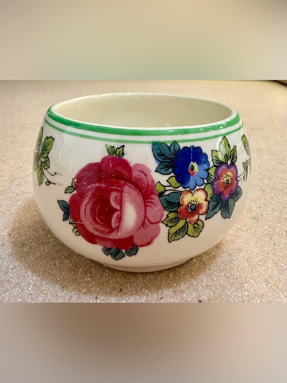 Fondeville Condiment Trinket Bowl - White with Pink Blue Flowers Green Trim Eng